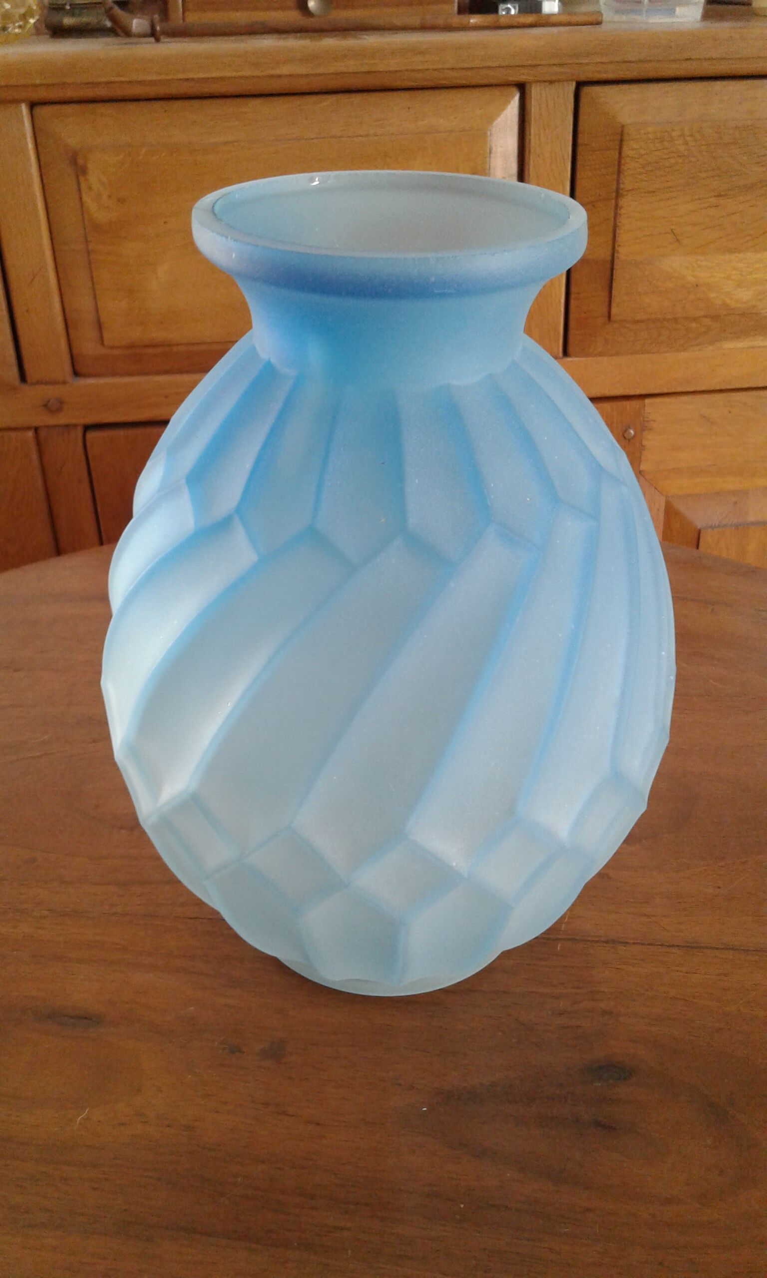 Molded pressed glass blue vase Art Deco, France