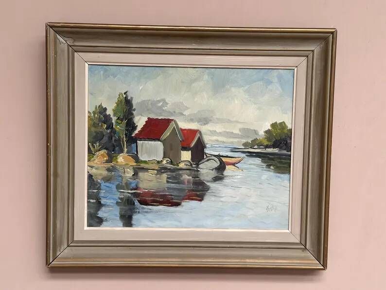 Original Swedish Oil on Canvas – "Houses and Trees", Unknown Artist – Signed, Vintage and Framed – 53.5 x 46 cm (21 x 18 inches)
