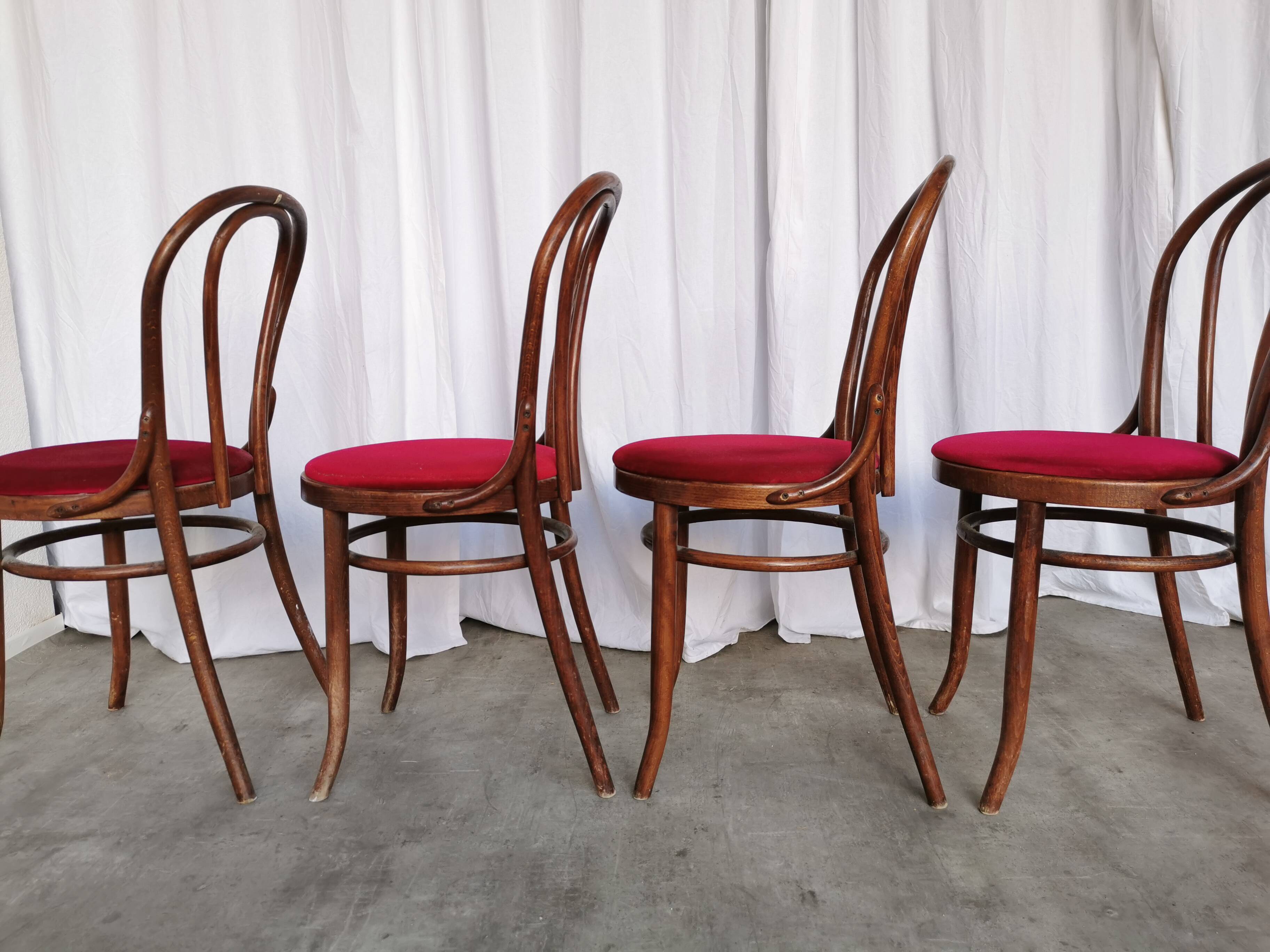 Set of 4 Vintage Bentwood Bistro Chairs, Red Upholstery
