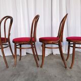 Set of 4 Vintage Bentwood Bistro Chairs, Red Upholstery