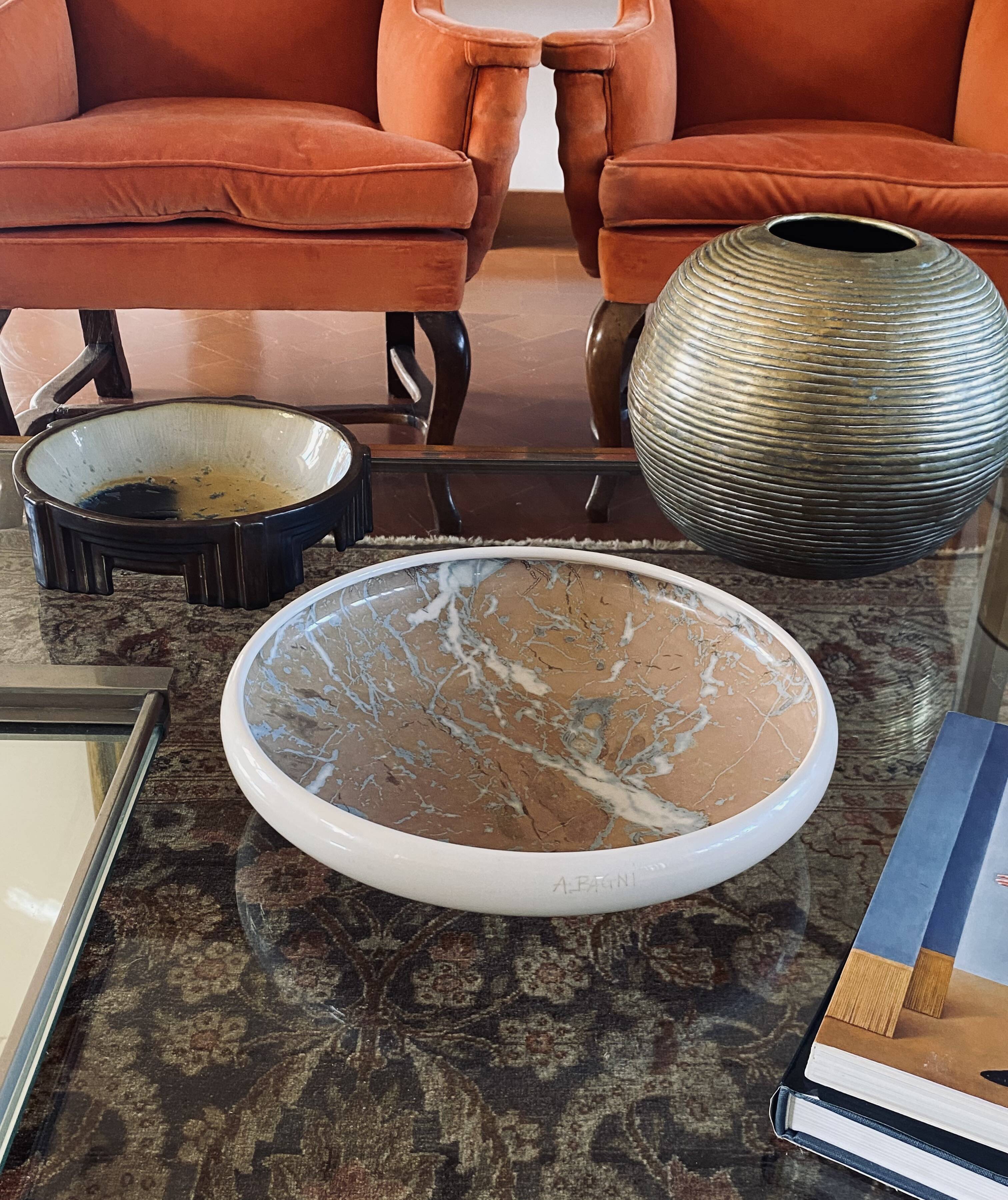 Alvino Bagni, white marbled ceramic centerpiece / vide poche, ca. 1970