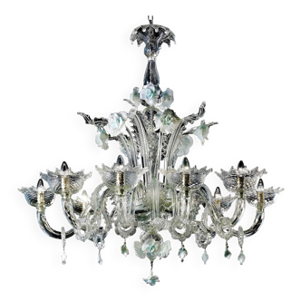 Romantic Transparent Murano Glass Chandelier with White Floral Elements