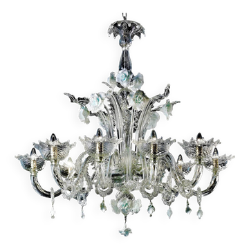 Romantic Transparent Murano Glass Chandelier with White Floral Elements