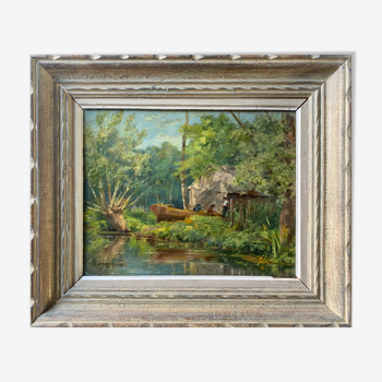 Tableau HSP 1917 signé Romezin "Cabane au bord de l'eau" + cadre