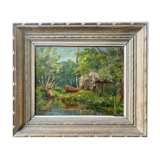 HSP 1917 painting signed Romezin "Cabin by the water" + frame