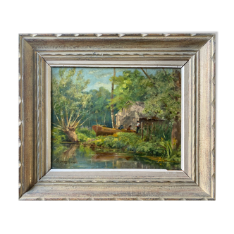 HSP 1917 painting signed Romezin "Cabin by the water" + frame