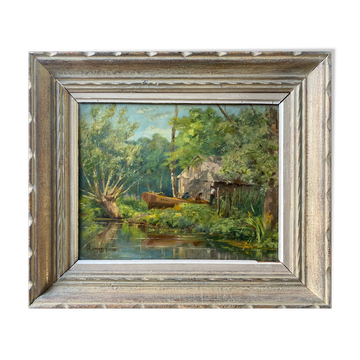 Tableau HSP 1917 signé Romezin "Cabane au bord de l'eau" + cadre