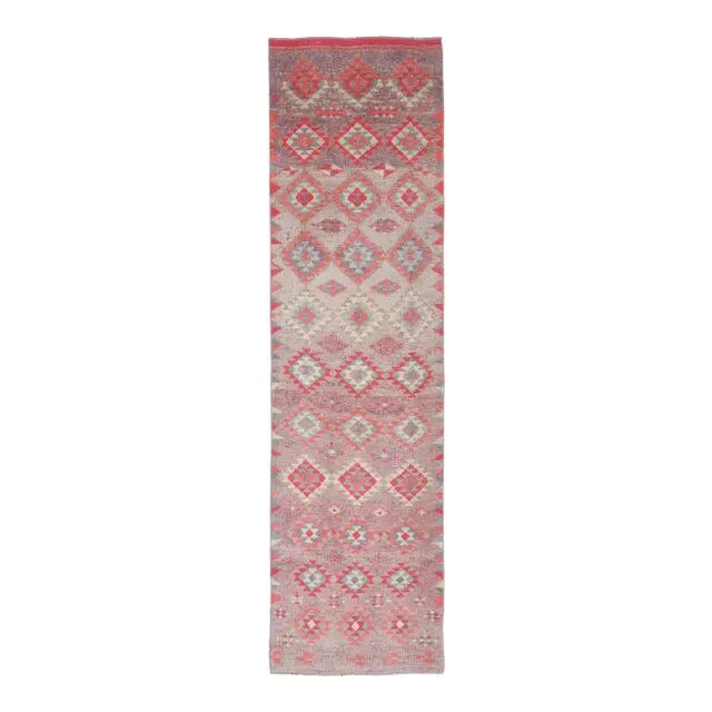 Vintage Turkish Hand-Knotted Wool Cotton Pink Runner 83x324