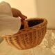 Small vintage wicker basket with navy blue lining and white polka dots - Cottage core