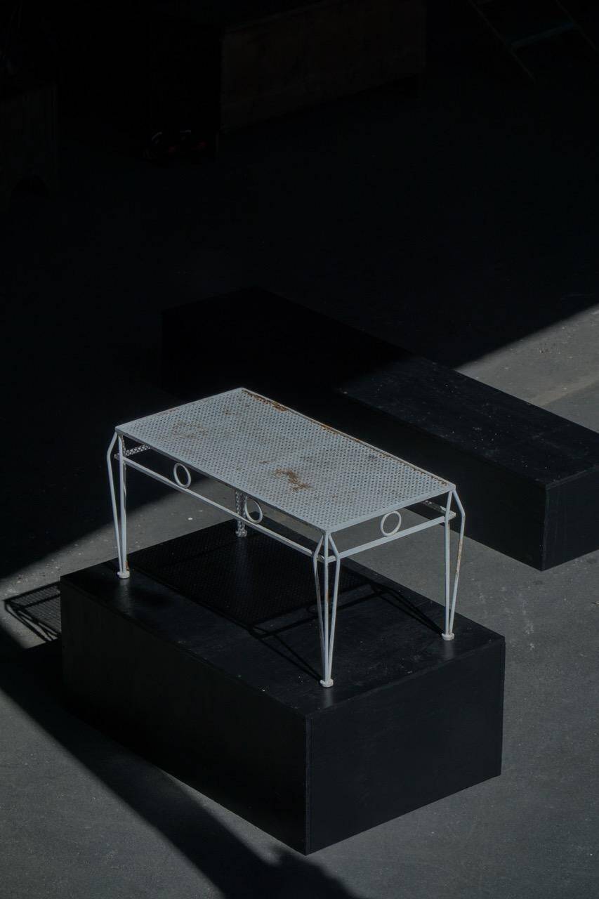 Metal coffee table in French garden style, mid-century modern, with perforated top, 1950s.