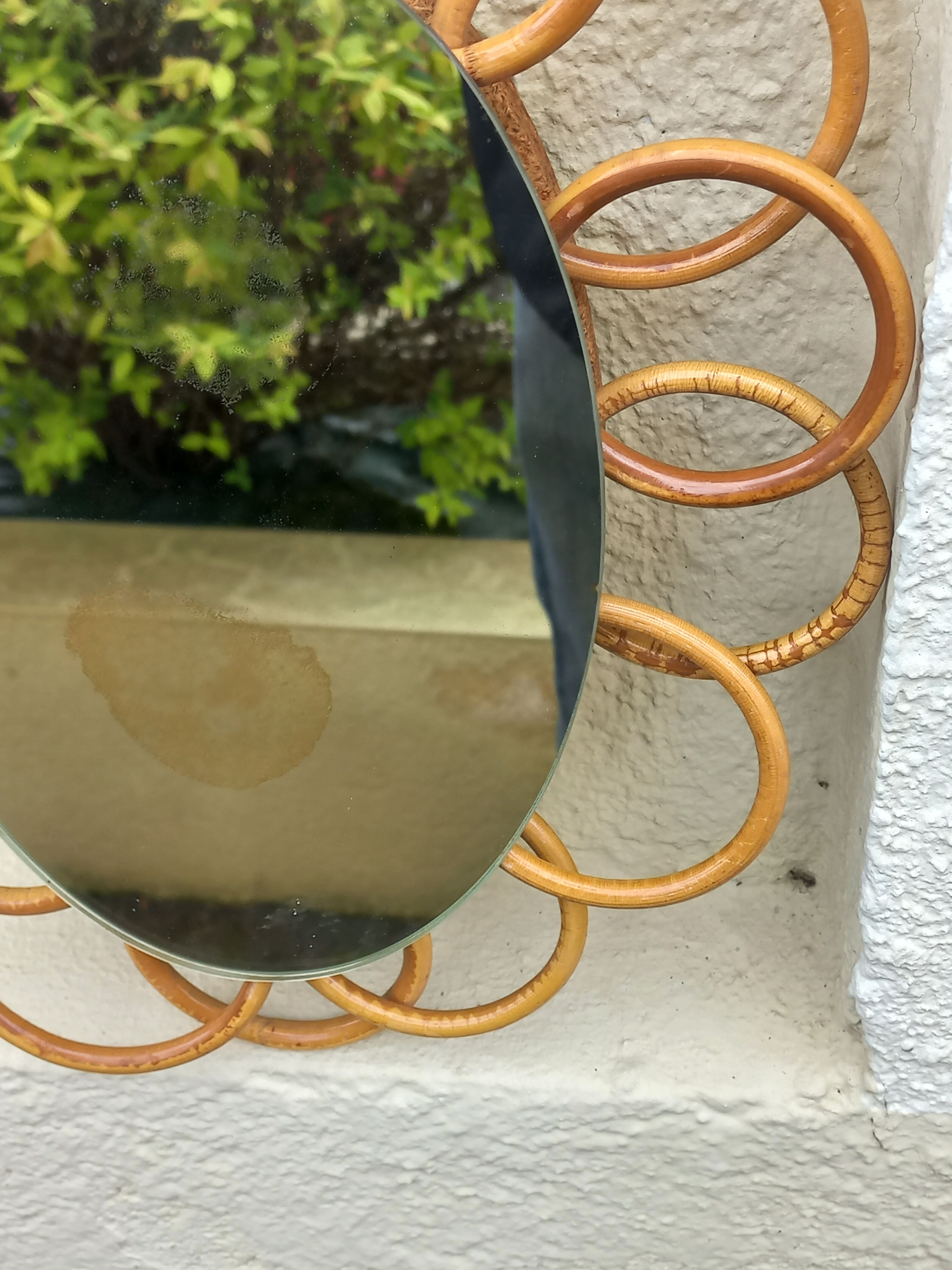 Miroir soleil ovale en rotin des années 70 25x31cm