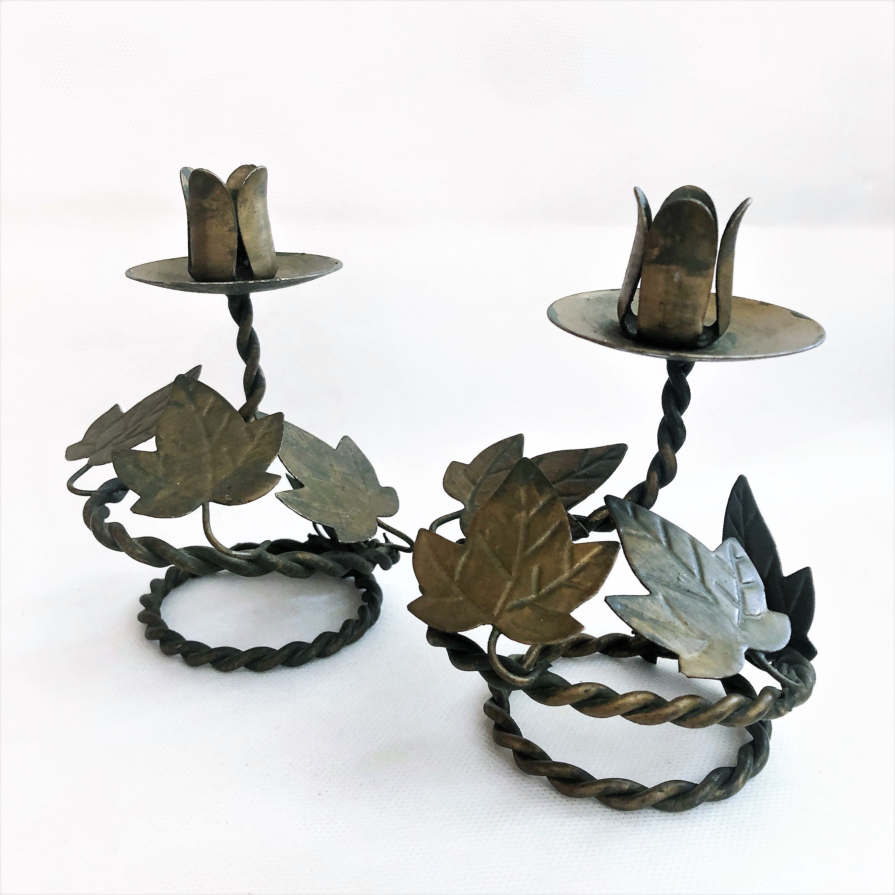 Pair of handcrafted wrought iron candlesticks vintage foliage