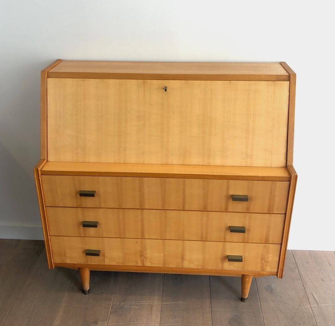 Secretary in Sycamore with Bronze Handles, French Work