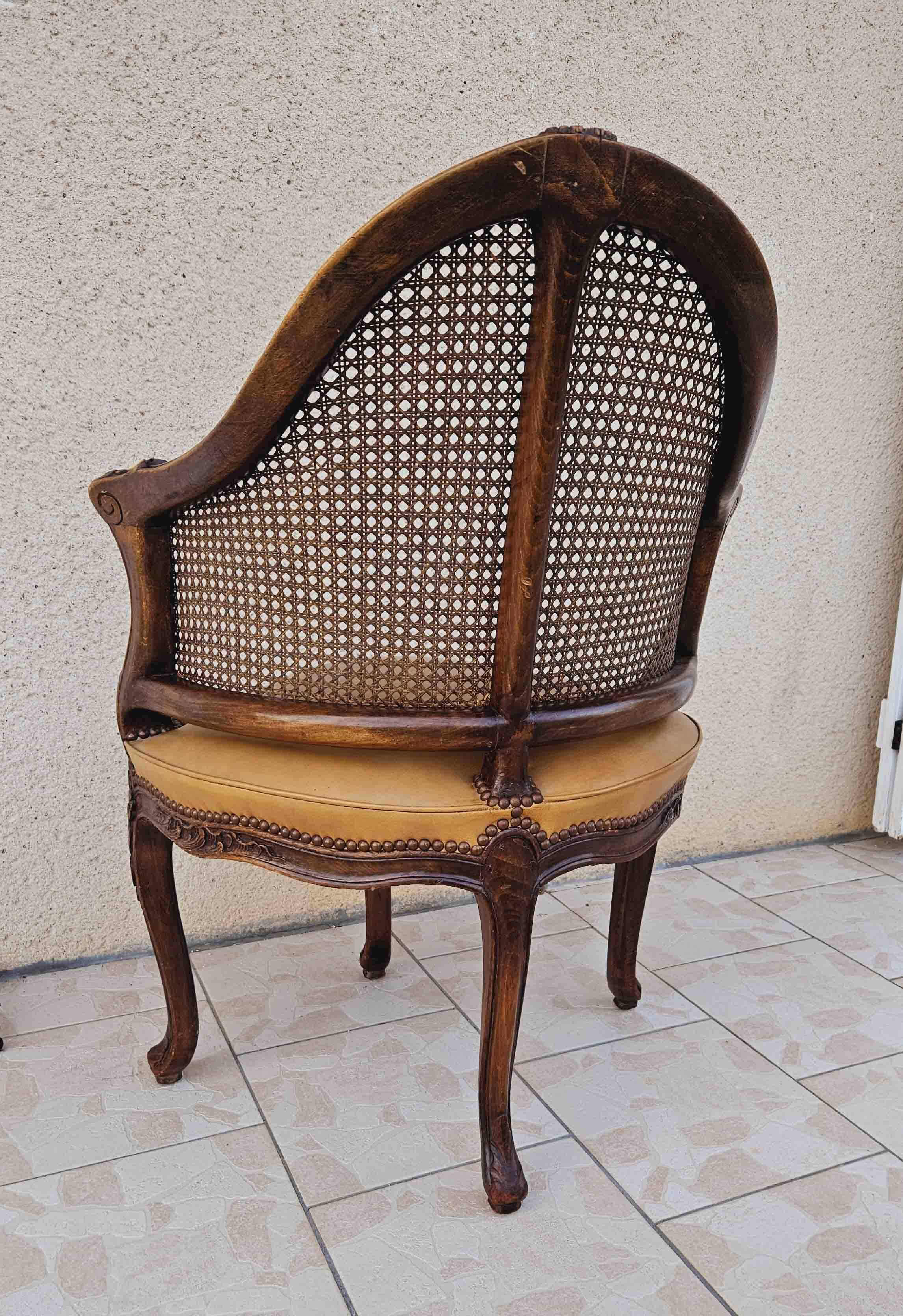 Louis xv office armchair, carved, cane, leather trimmed