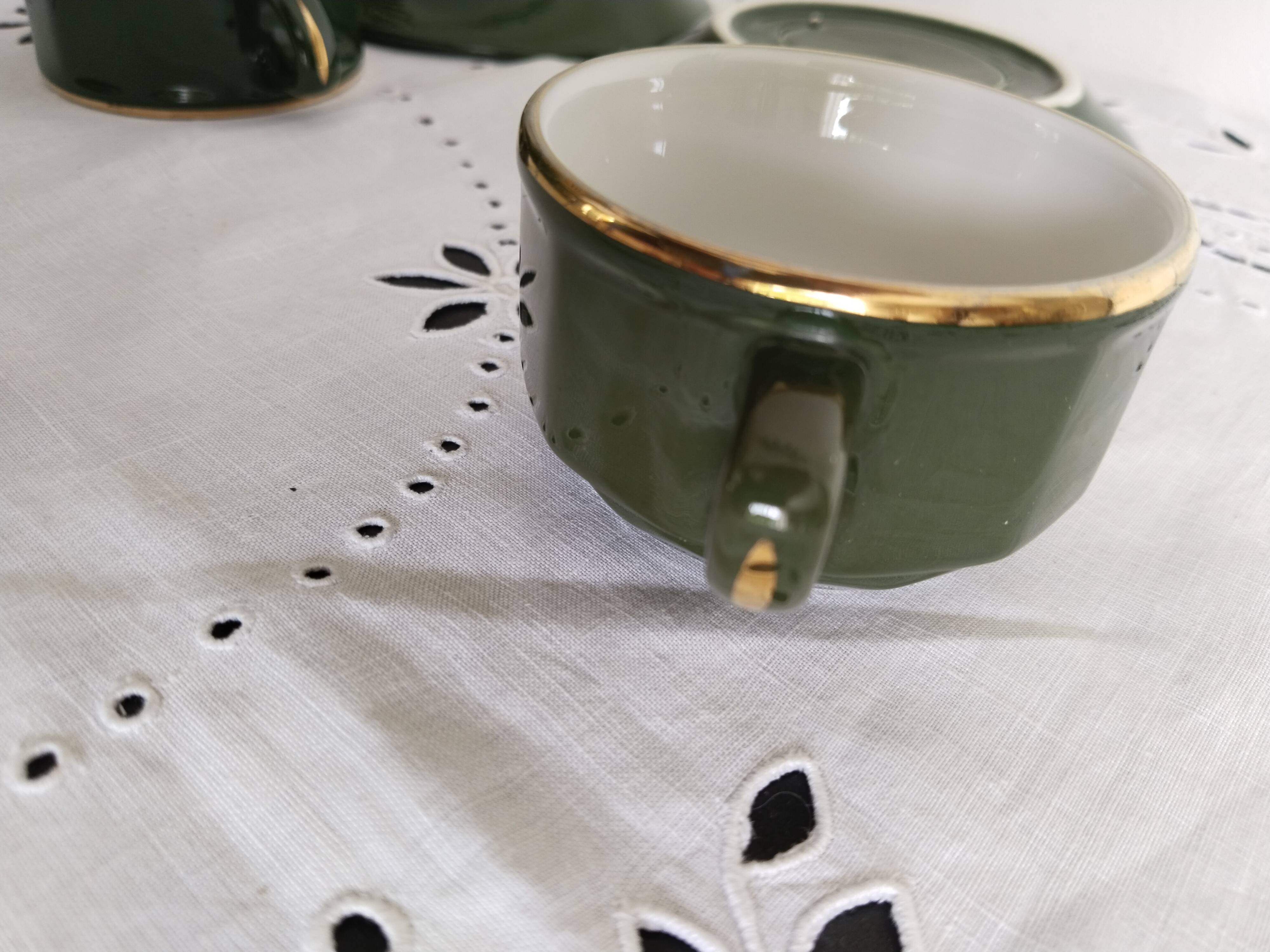 Apilco bistro coffee cups, green and gold