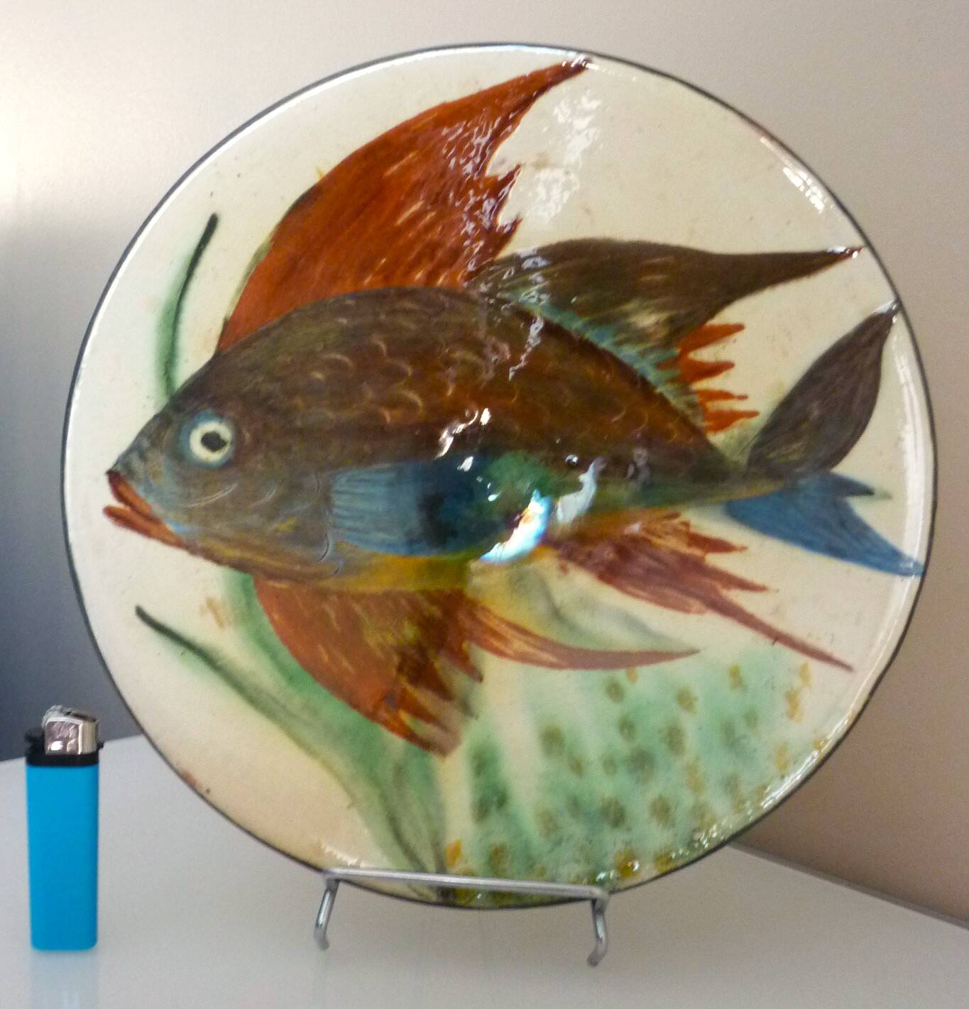 Ceramic dish, enameled terracotta, signed Puigdemont, 1960s, fish