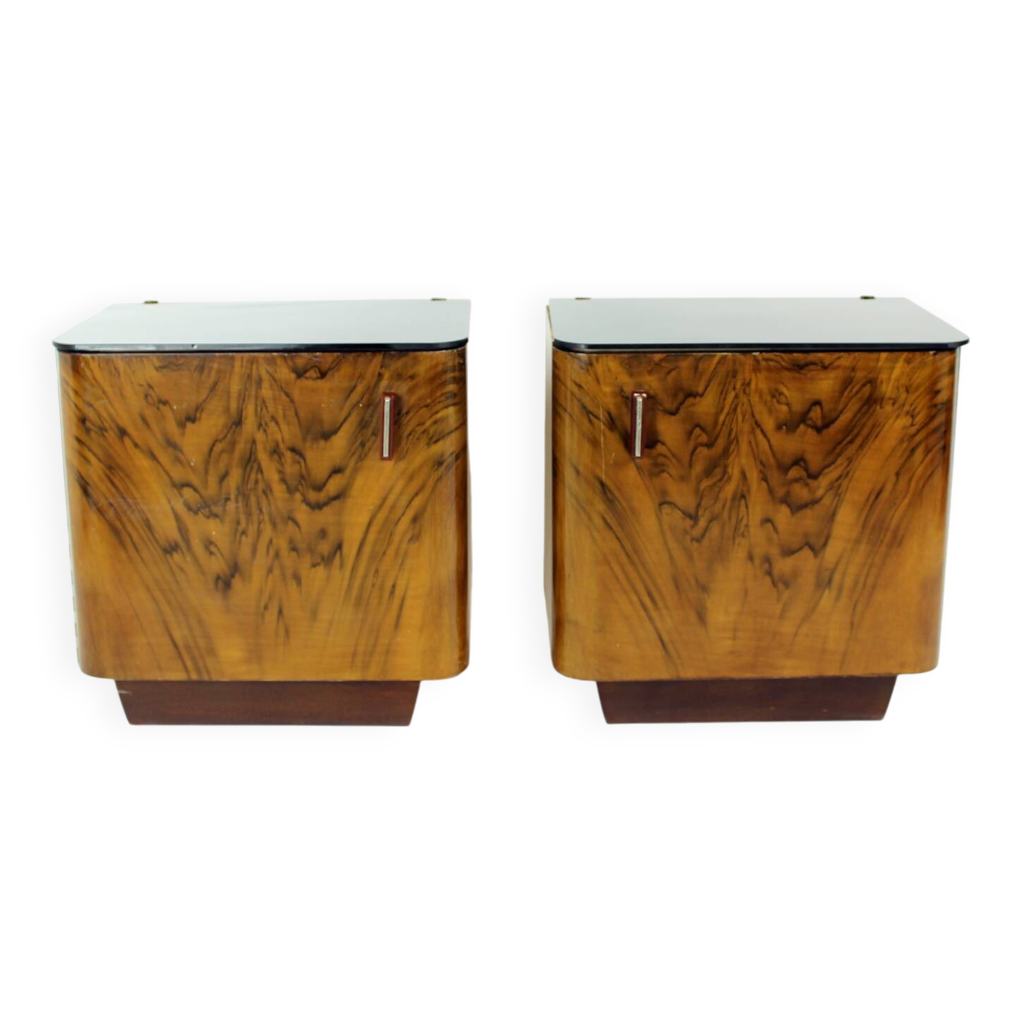 Pair Of Art Deco Bedside Tables With Faux Wood Graining & Glass, Czechoslov