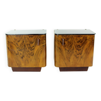 Pair Of Art Deco Bedside Tables With Faux Wood Graining & Glass, Czechoslov