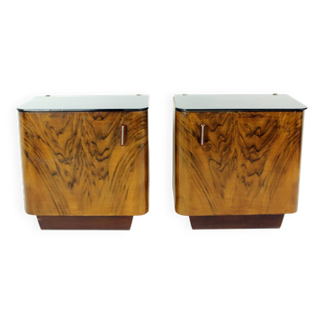 Pair Of Art Deco Bedside Tables With Faux Wood Graining & Glass, Czechoslov