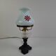 1960s Czechoslovakian milk glass oil lamp style table lamp with red windmill