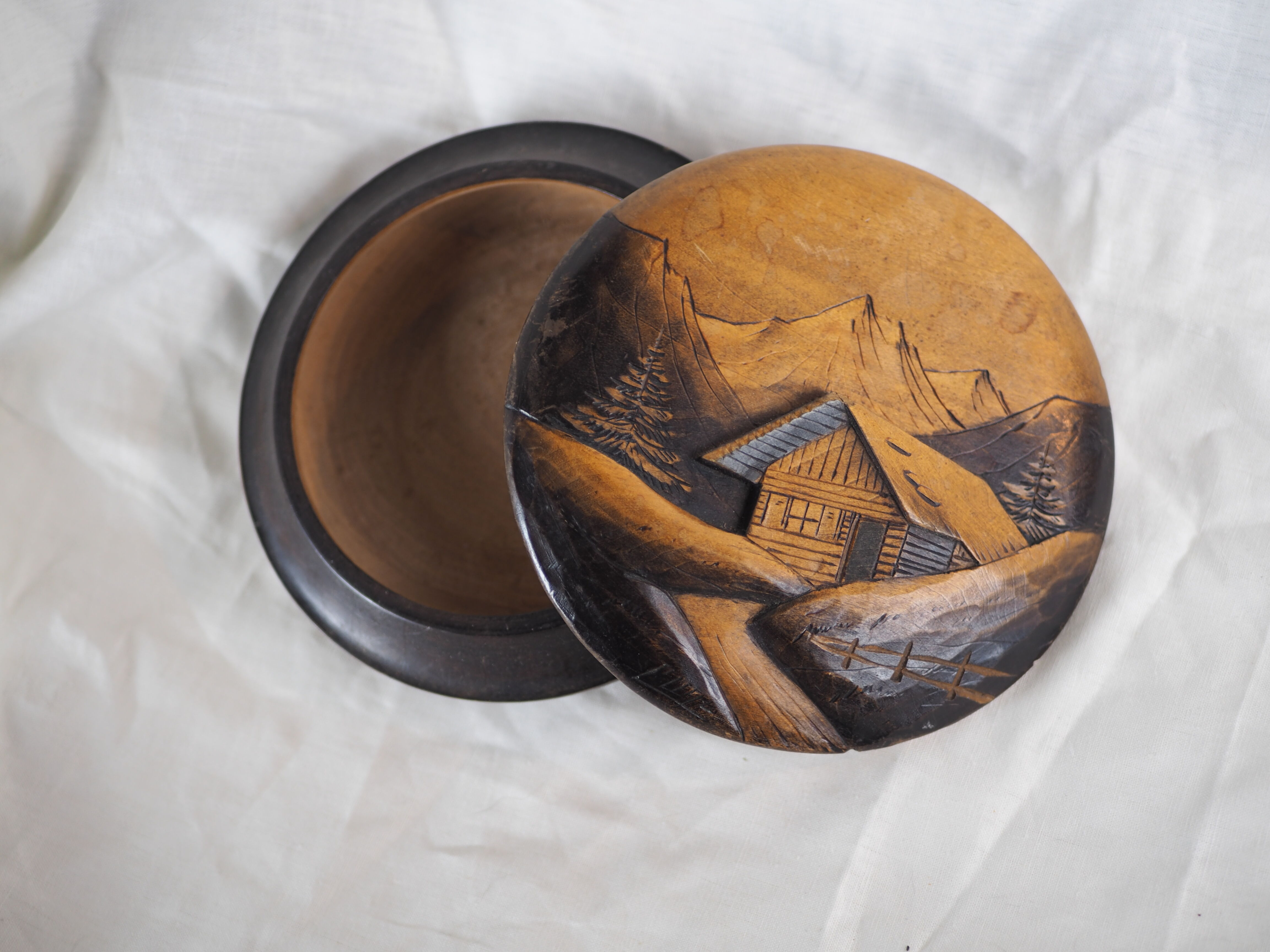 Large blackened wooden box mountain landscape folk art early / mid twentieth