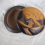 Large blackened wooden box mountain landscape folk art early / mid twentieth