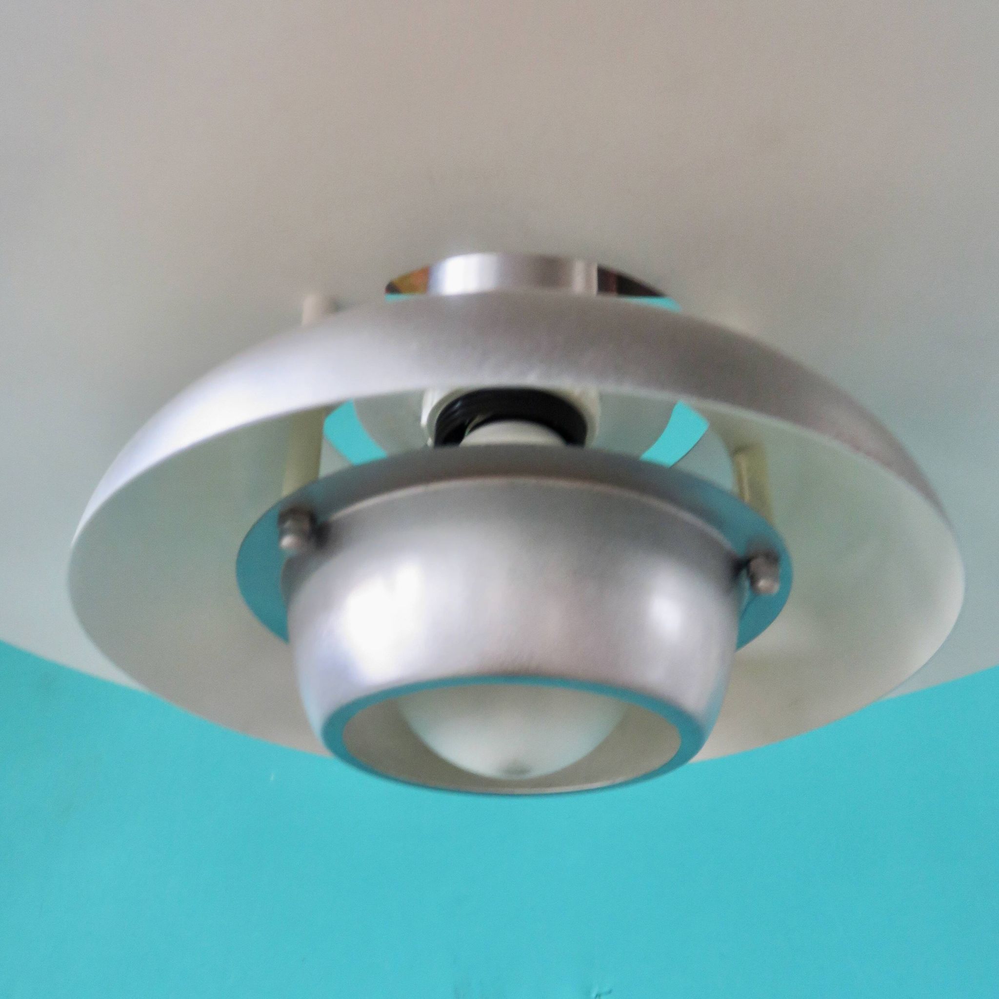 Silver iridescent metal pendant light with a typically Danish design, circa 1975/1980
