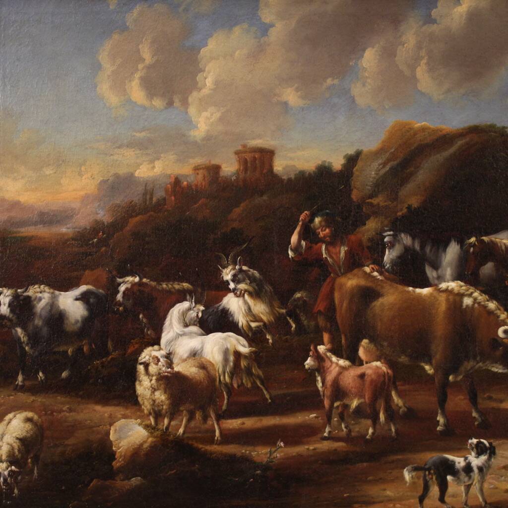 Great 18th century painting, pastoral scene with classical ruins
