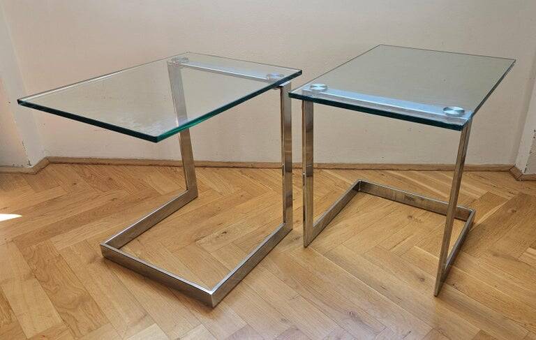 Pair of Midcentury Cantilevered Glass & Chrome Coffee Tables GEBRA, 1980s
