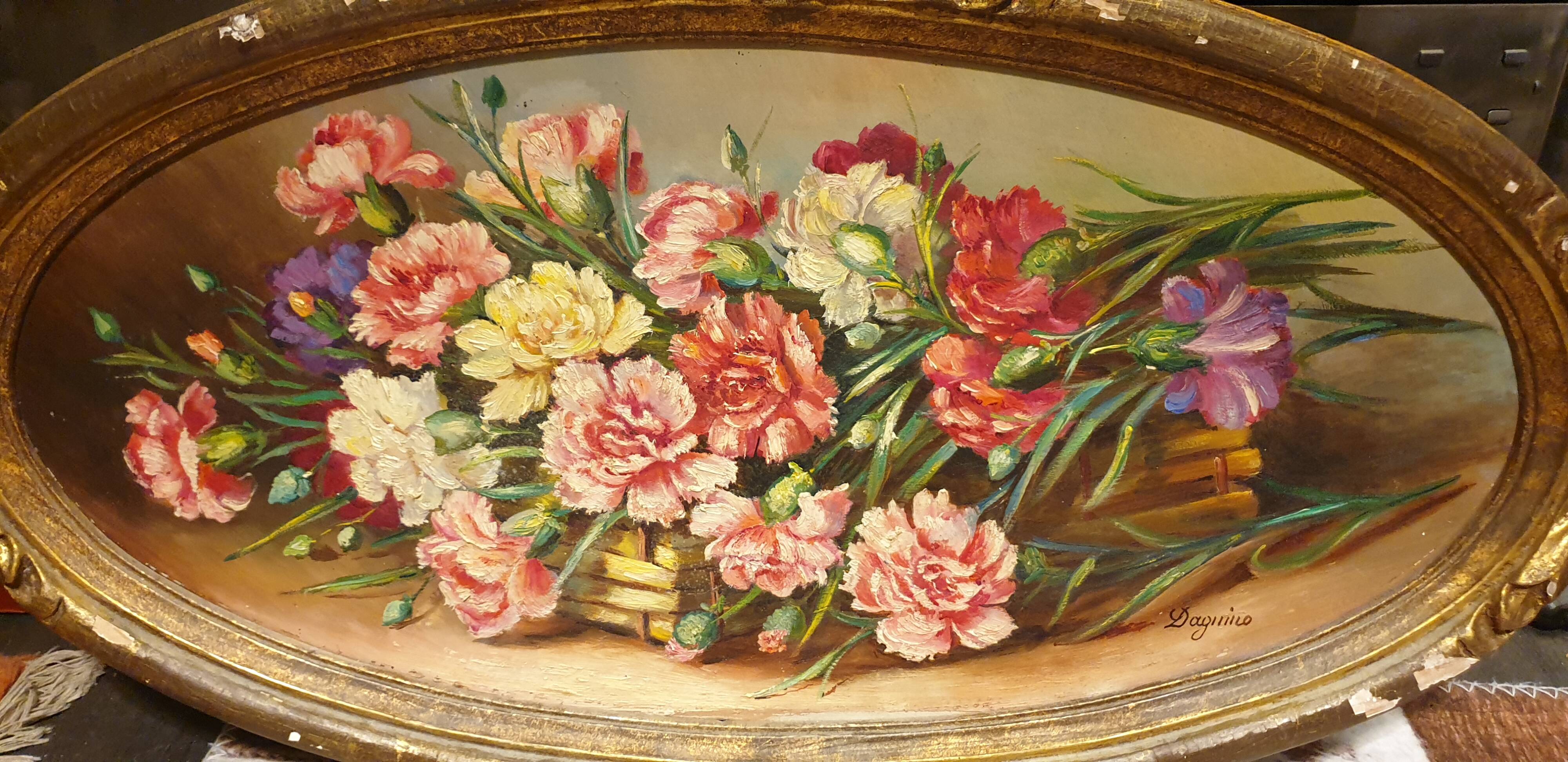 Oil on panel Bouquet with carnations 19th century