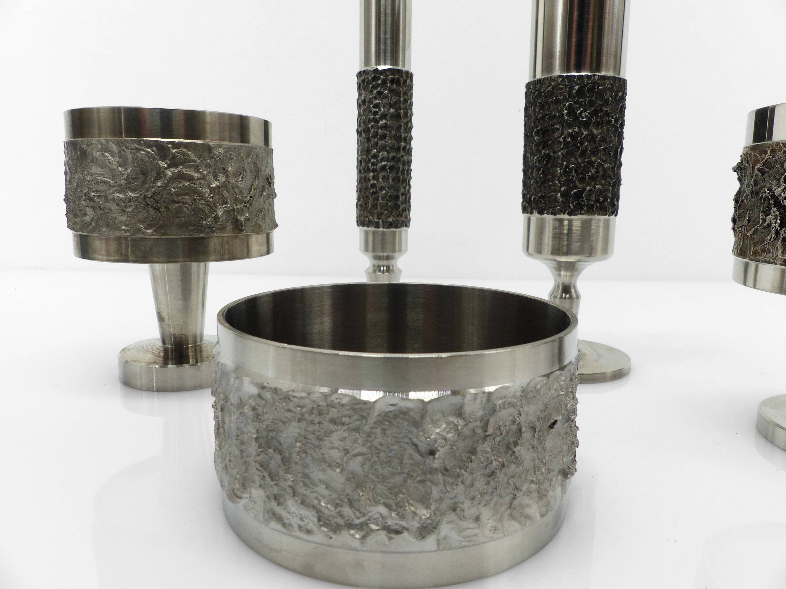 Set of 5 brutalist steel vases and bowls 1970