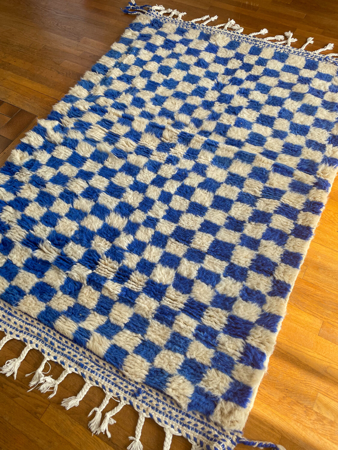 Moroccan Berber checkered carpet Klein blue and white