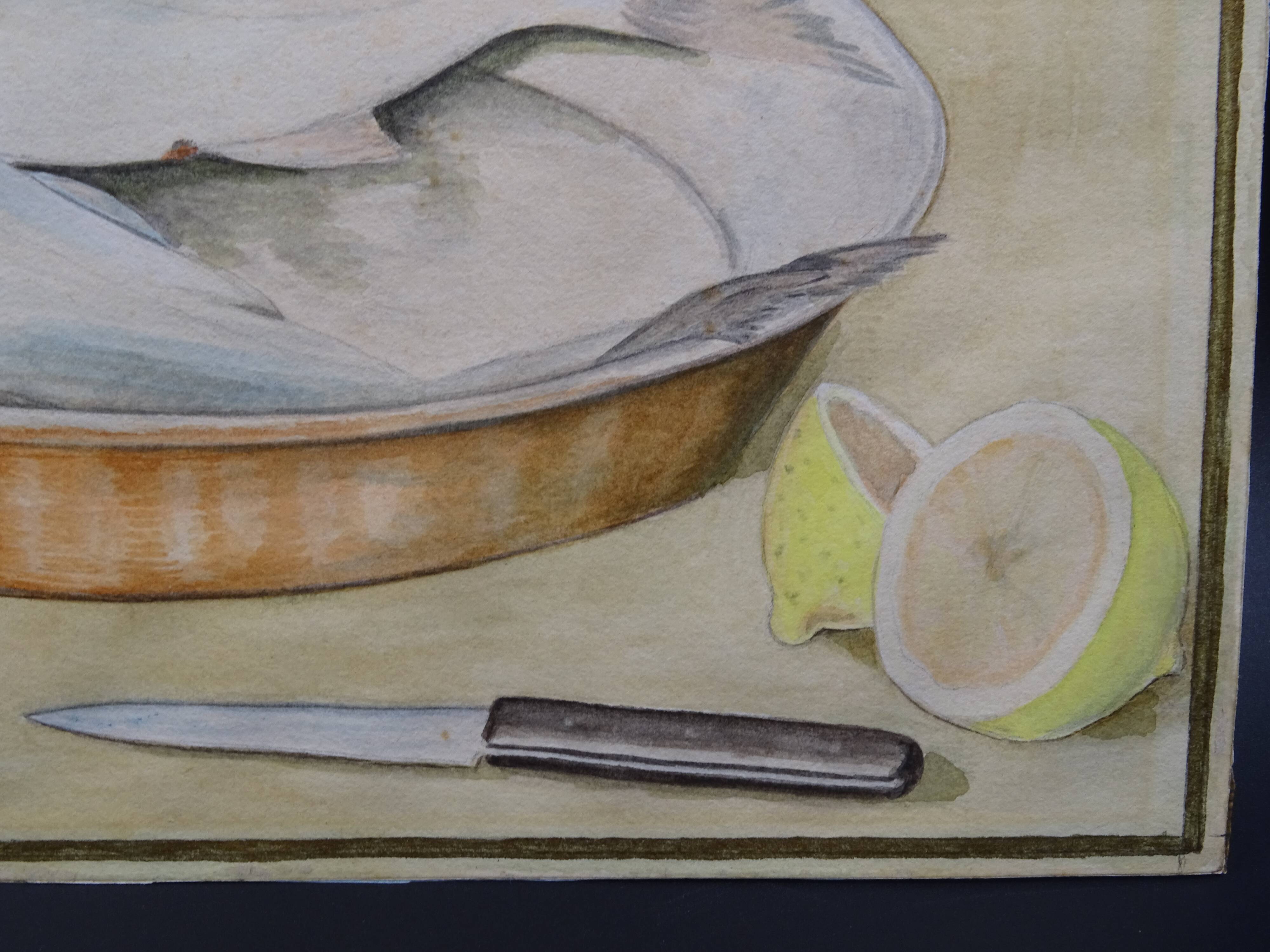 Still life with Pisces, lemon and knife by Louis Chavannes - Watercolor dated 1945