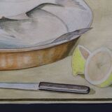 Still life with Pisces, lemon and knife by Louis Chavannes - Watercolor dated 1945