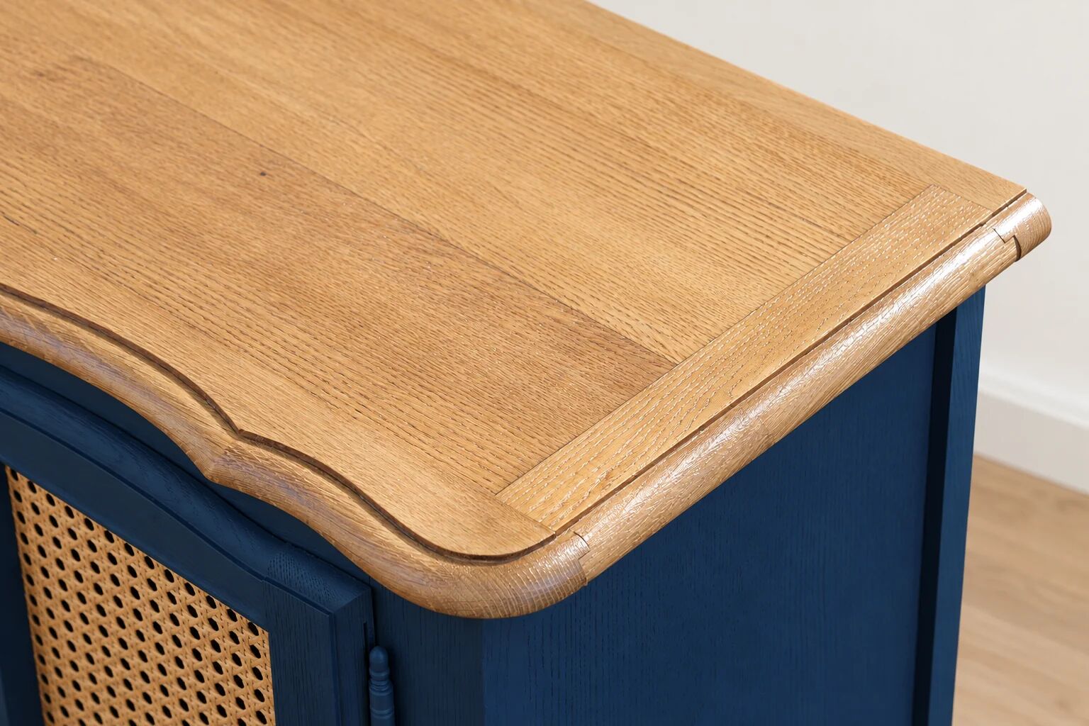 Small renovated vintage buffet in blue from Vosges, Libéron and caning – 2 doors, 2 drawers