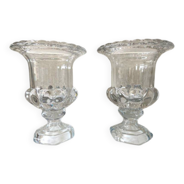 Élégante Paire de Vases Neufs Médicis Photophores Verre Moulé Art Décoratif
