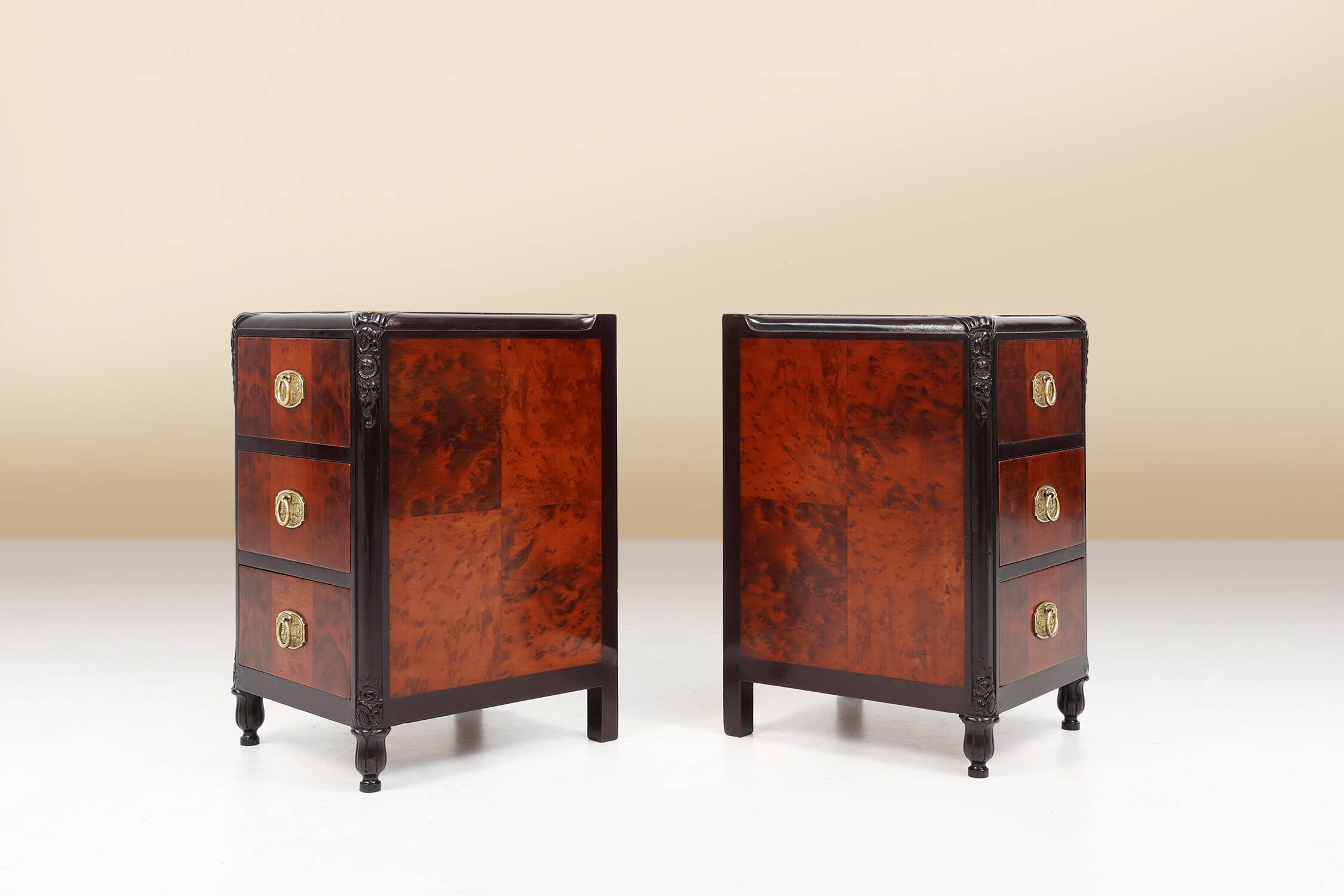 Pair of Art Deco nightstands in burl veneer, oak and copper, France ca. 1910