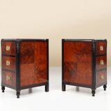 Pair of Art Deco nightstands in burl veneer, oak and copper, France ca. 1910
