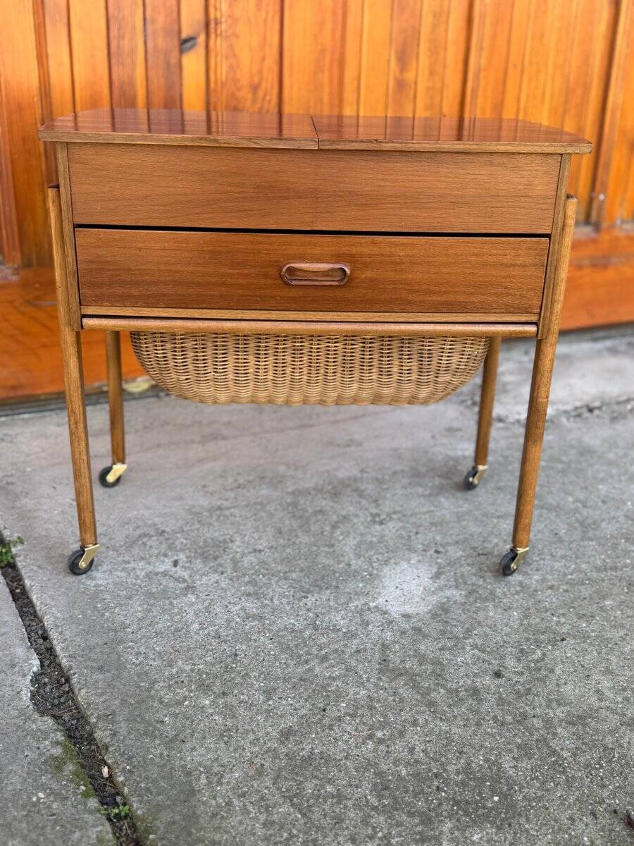 Danish storage cart in brown teak and wicker, 1960s, Mid-Century style.