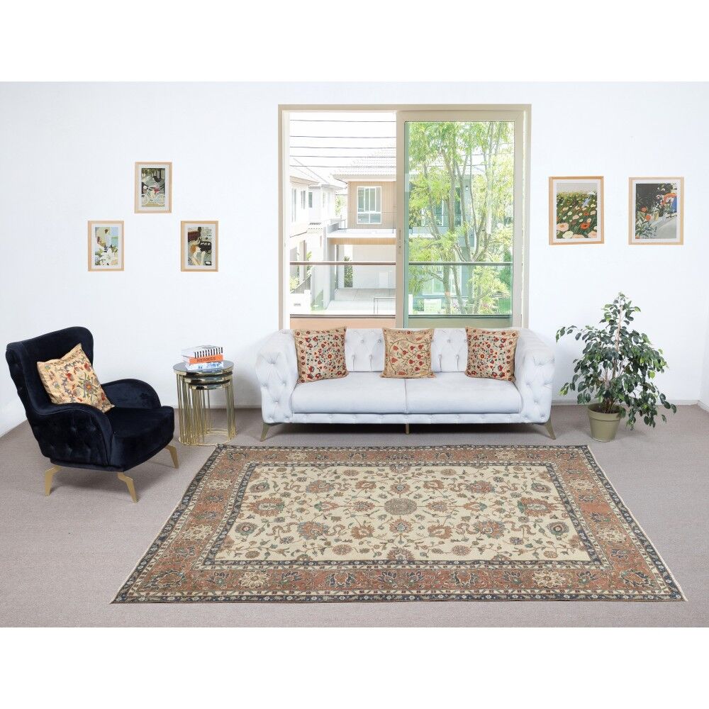 Authentic Vintage Turkish Beige Wool Area Rug with Floral Design. Hand-knotted in Turkey