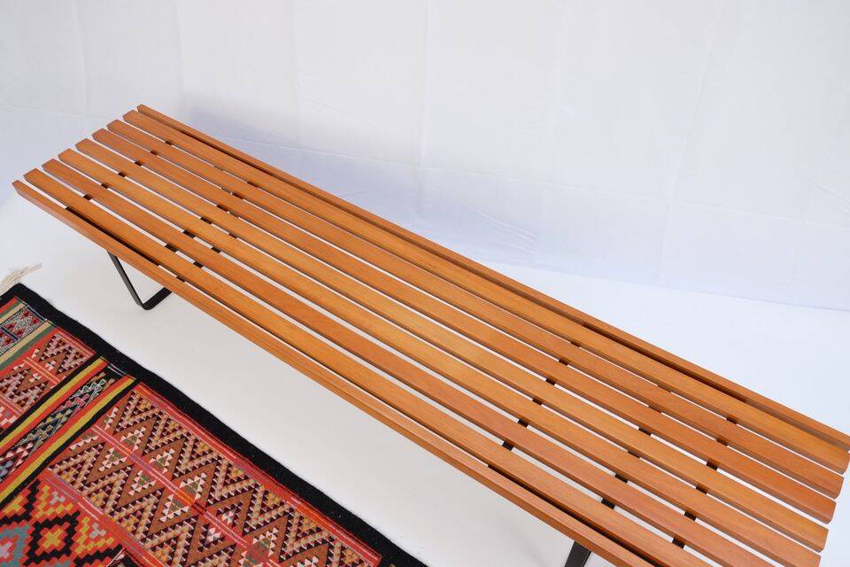Bench in 60s-70s style, slatted bench, low seat, retro vintage style from the 60s-70s.