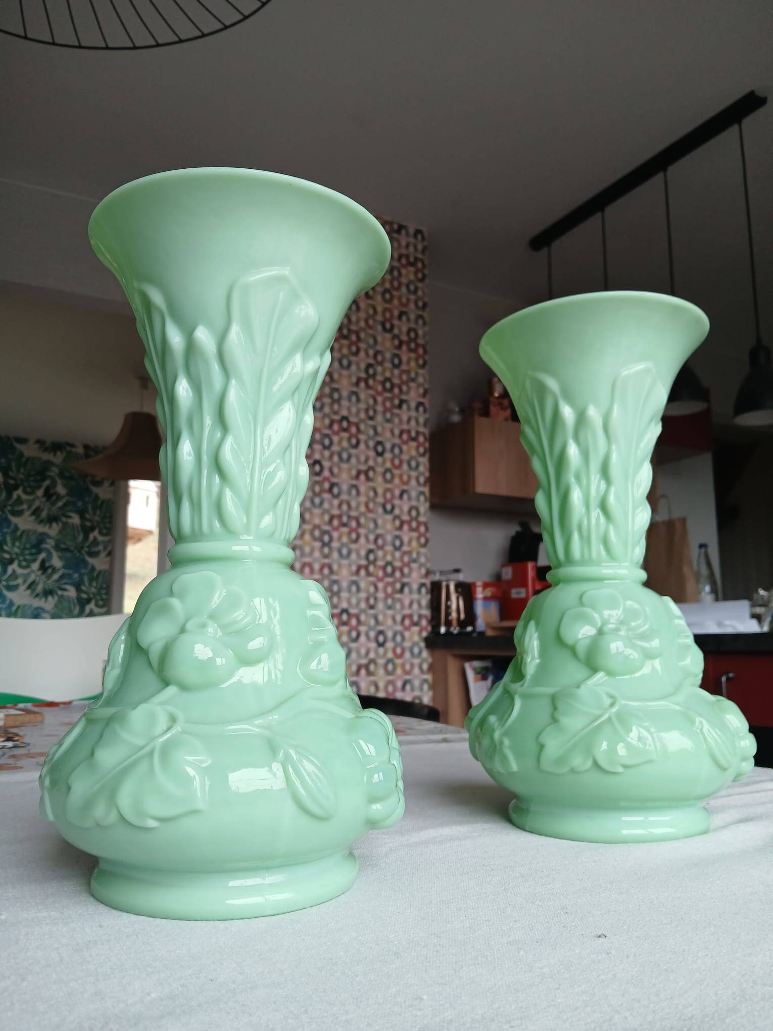 Set of 2 light green opaline glass vases SAINT LOUIS