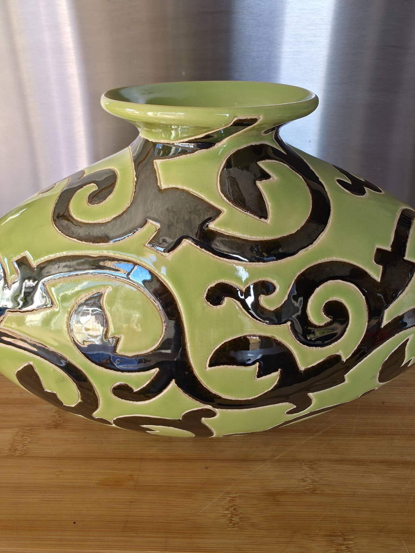 Vintage ceramic pebble vase green & black 35 cm