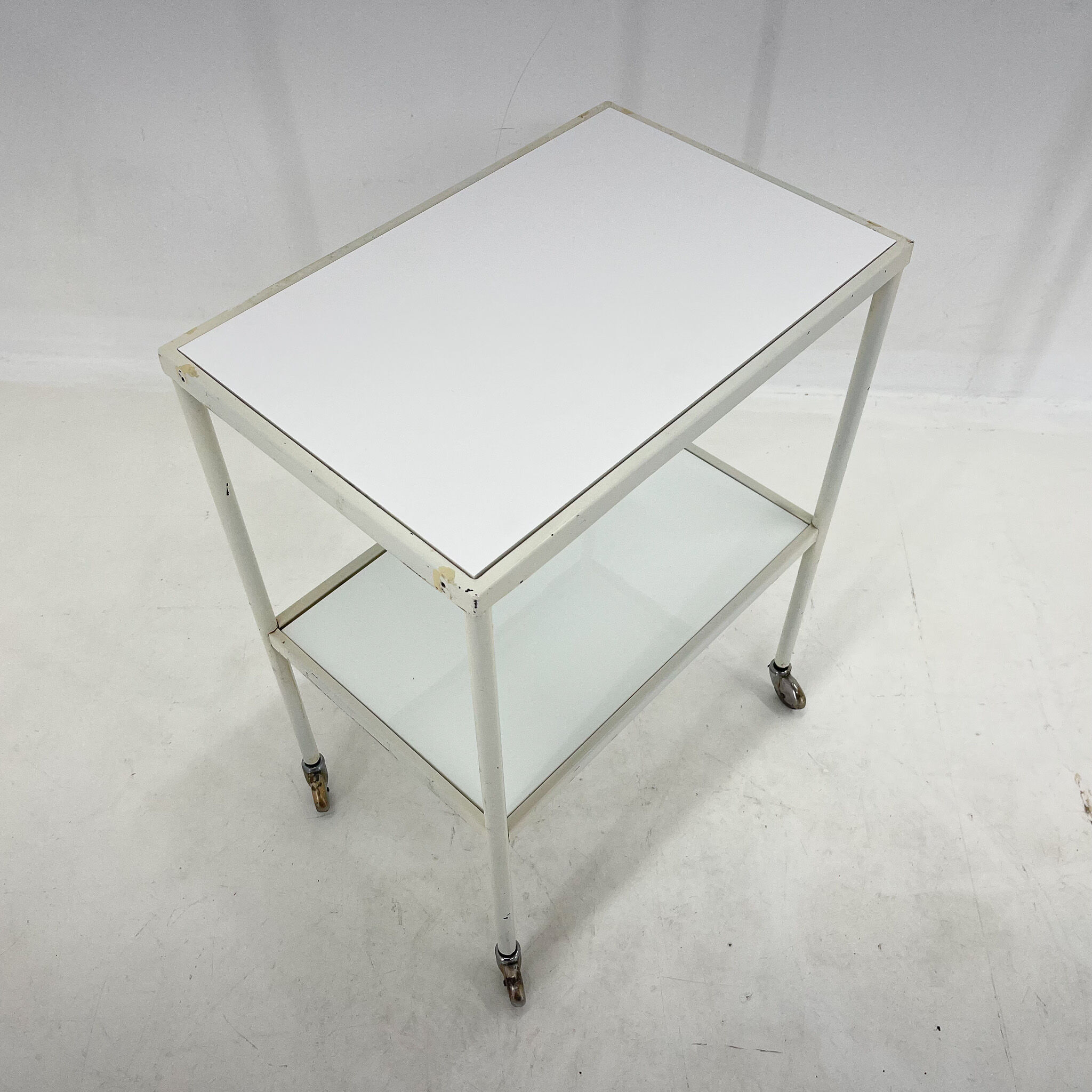 1950's hospital table, trolley on wheels with opaxite glass