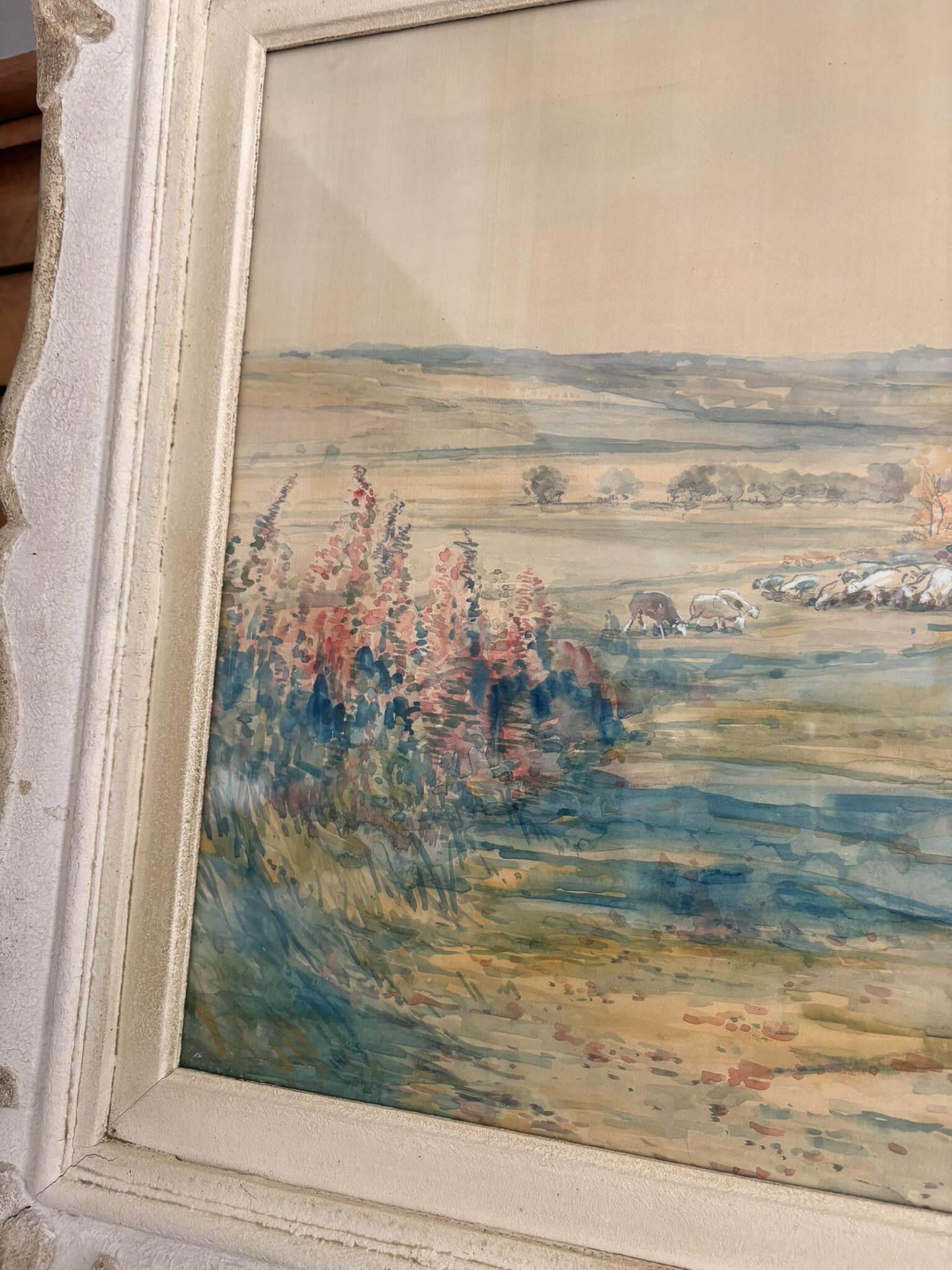 Old Watercolour Painting Shepherdess with Sheep Landscape Henry Charles