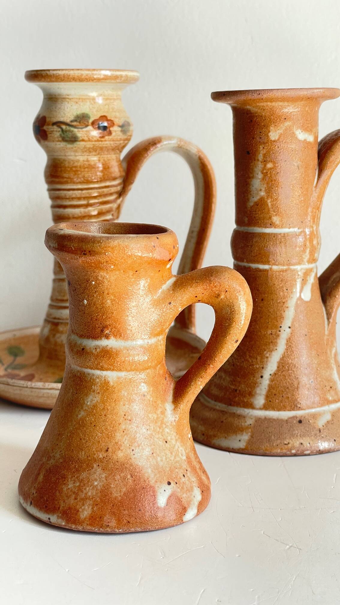 3 vintage handcrafted pottery candle holders