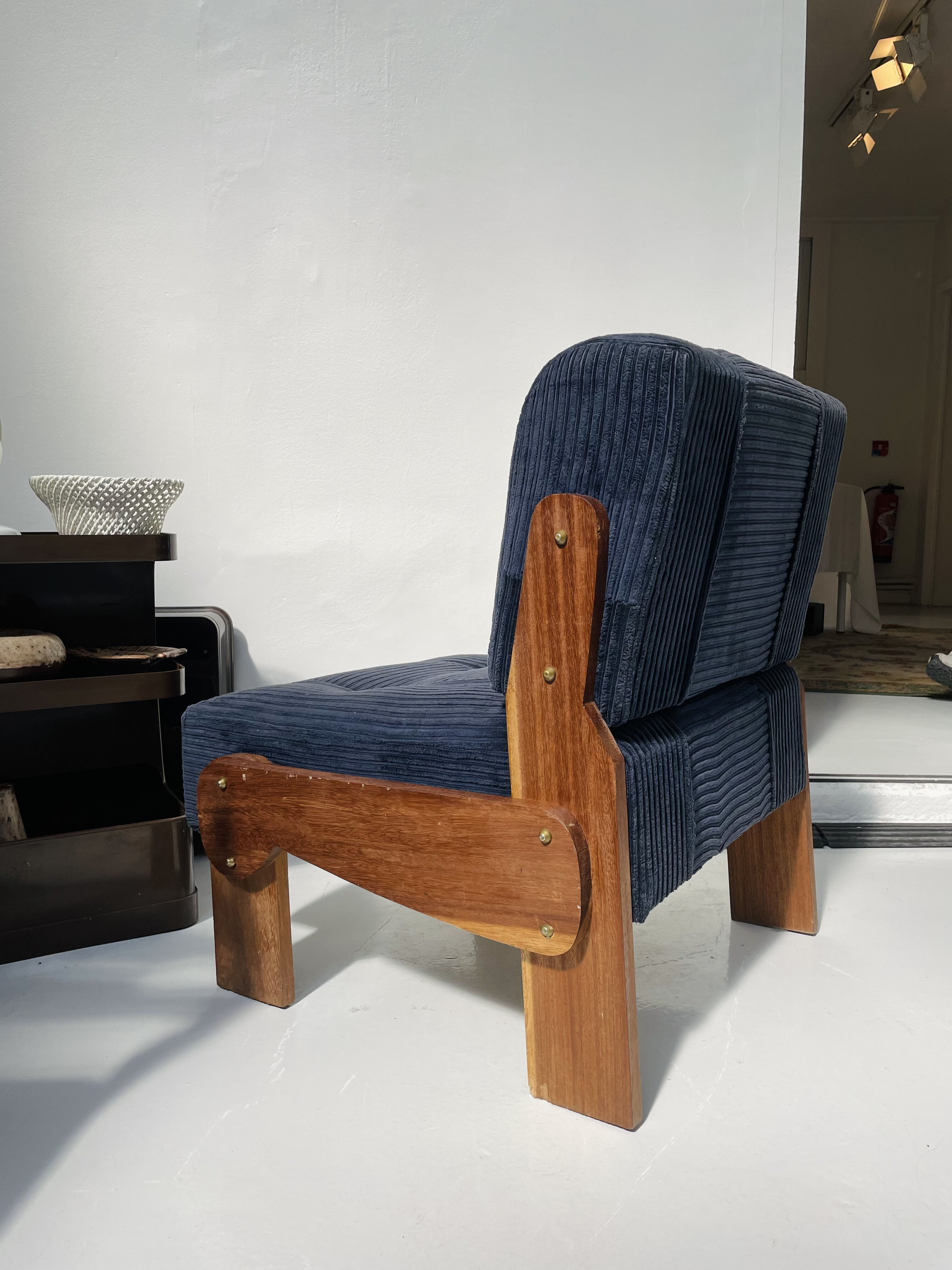 Blue corduroy and solid wood heater