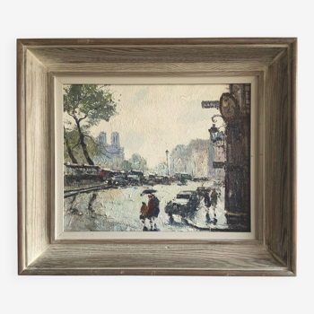 Scène de rue impressionniste de Paris du milieu du siècle des années 1950, peinture originale vintage