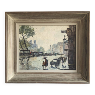 Scène de rue impressionniste de Paris du milieu du siècle des années 1950, peinture originale vintage