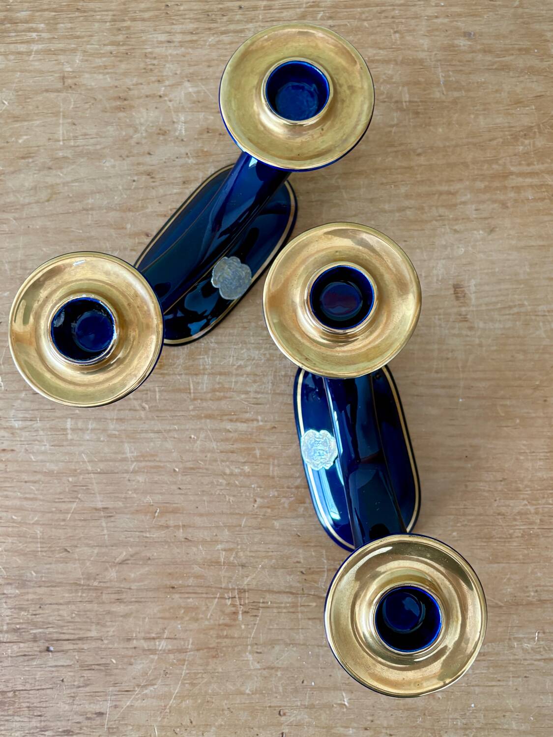 Set of 2 vintage blue and gold ceramic candle holders